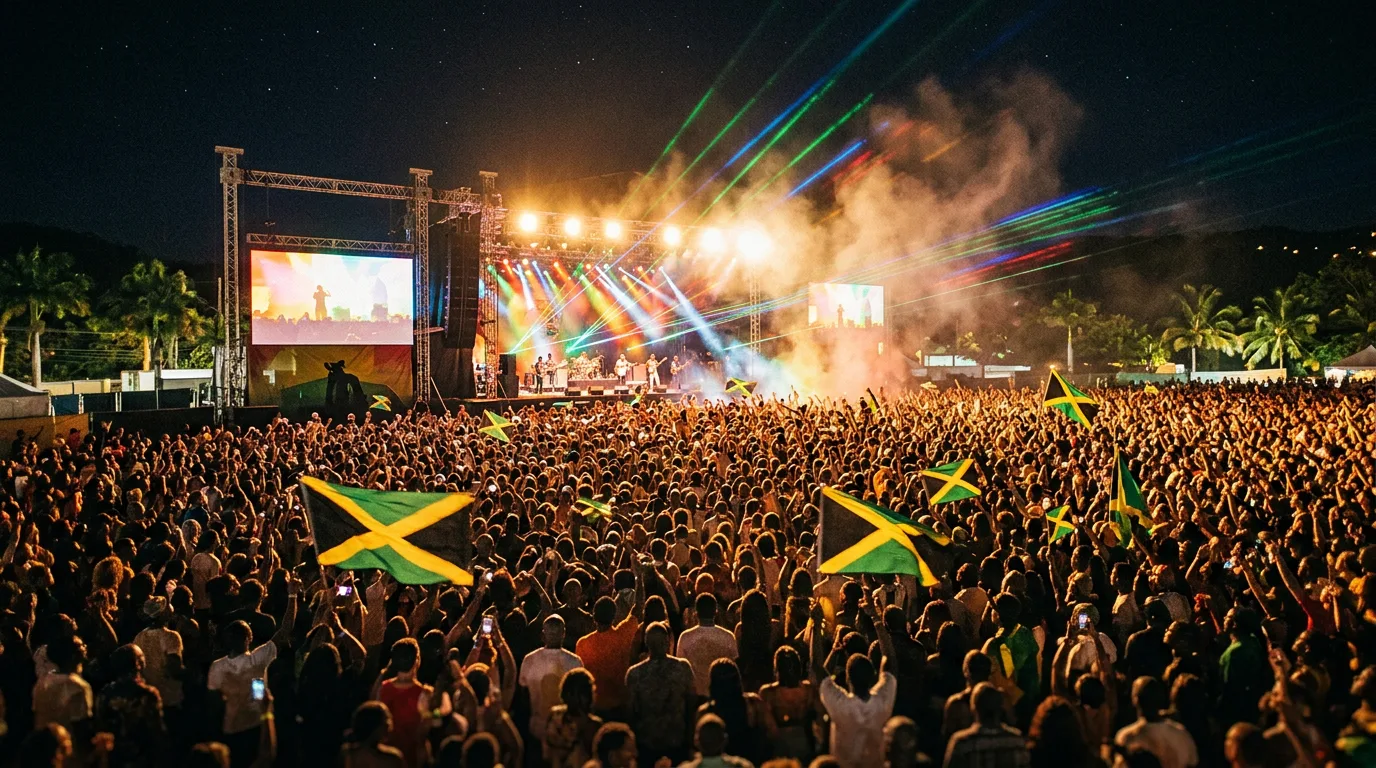 An aerial view of an outdoor reggae festival at night