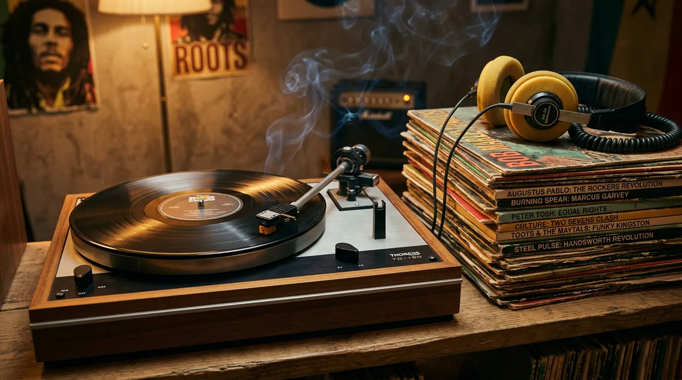 A turntable playing a vinyl record with classic reggae albums