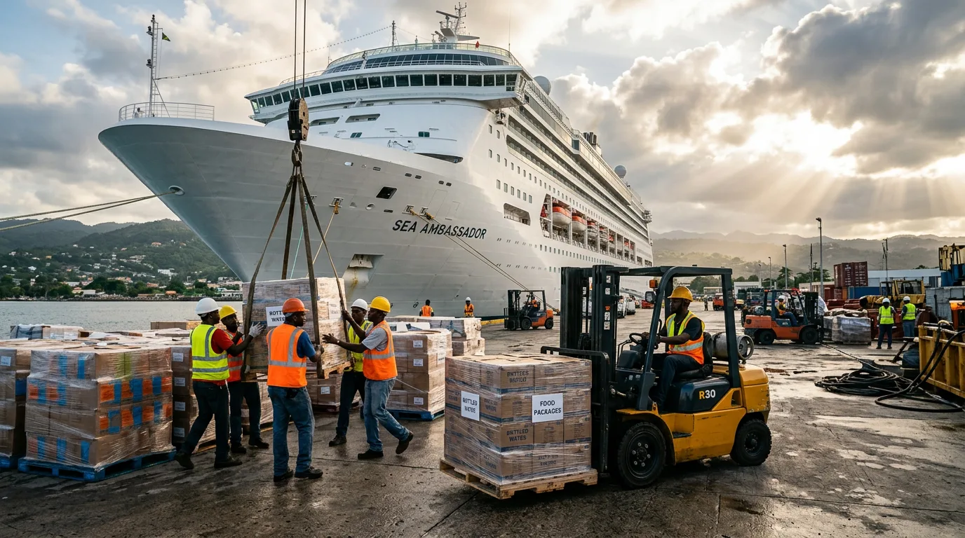 Workers unloading pallets of relief supplies from a cruise ship at a Jamaican port