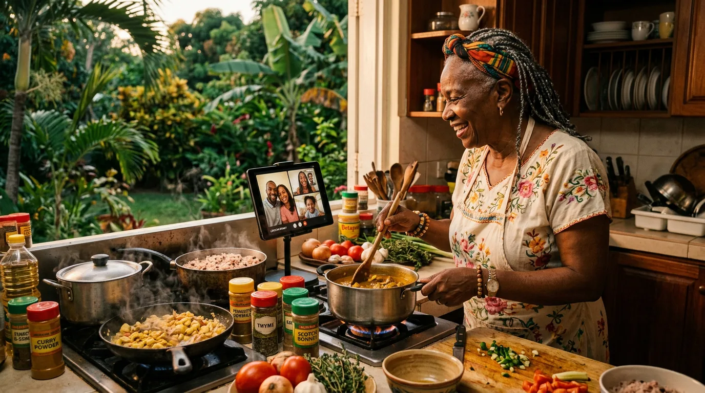 A Jamaican grandmother video-calling family while cooking