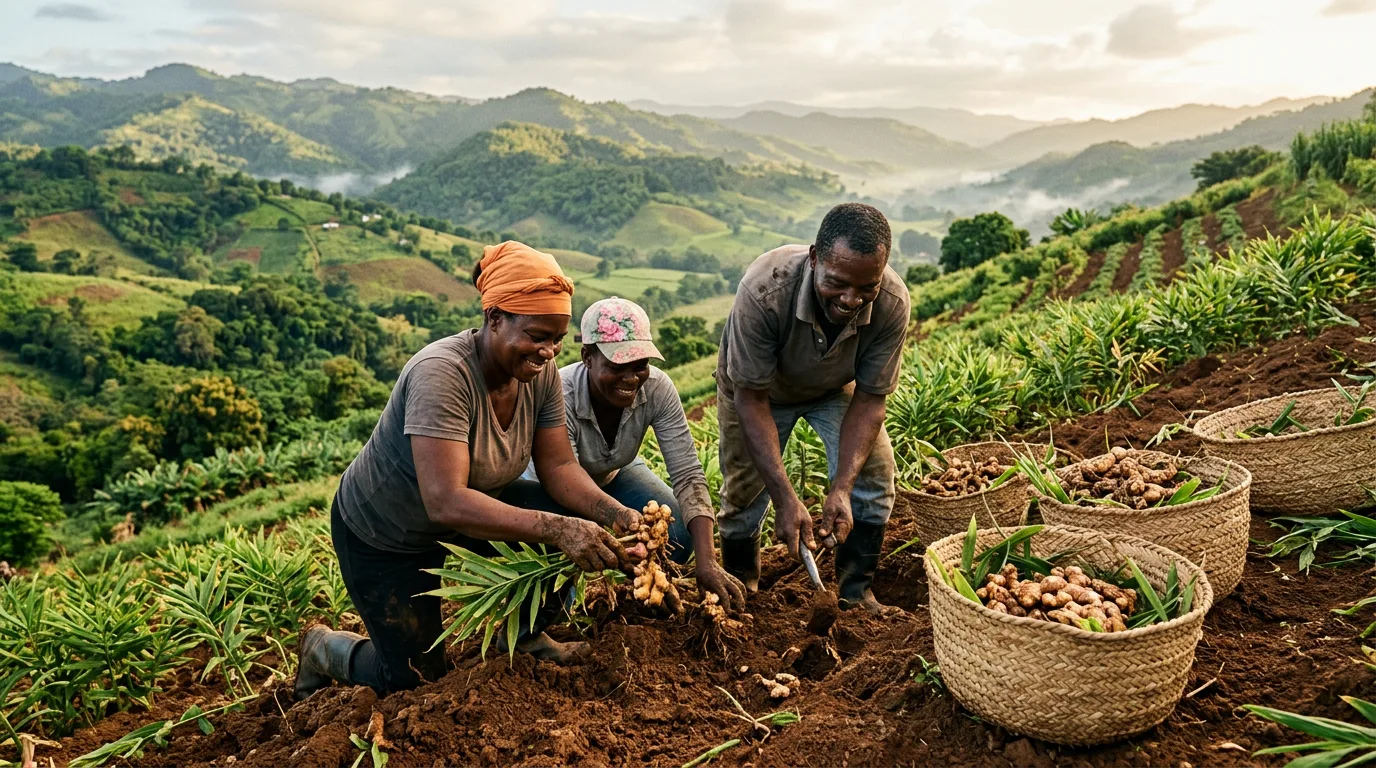 Jamaican farmers harvesting ginger in a hillside field