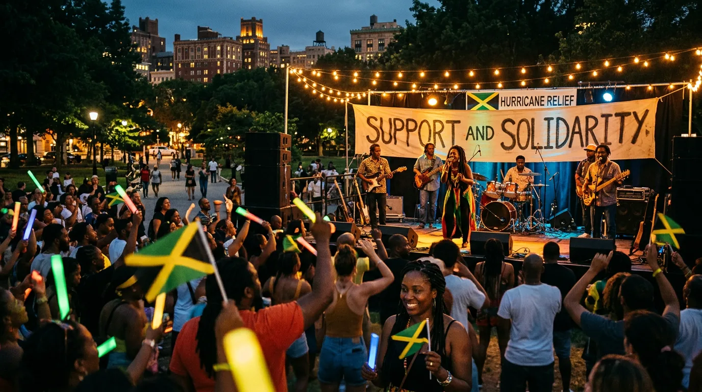 An outdoor benefit concert for Jamaica hurricane relief