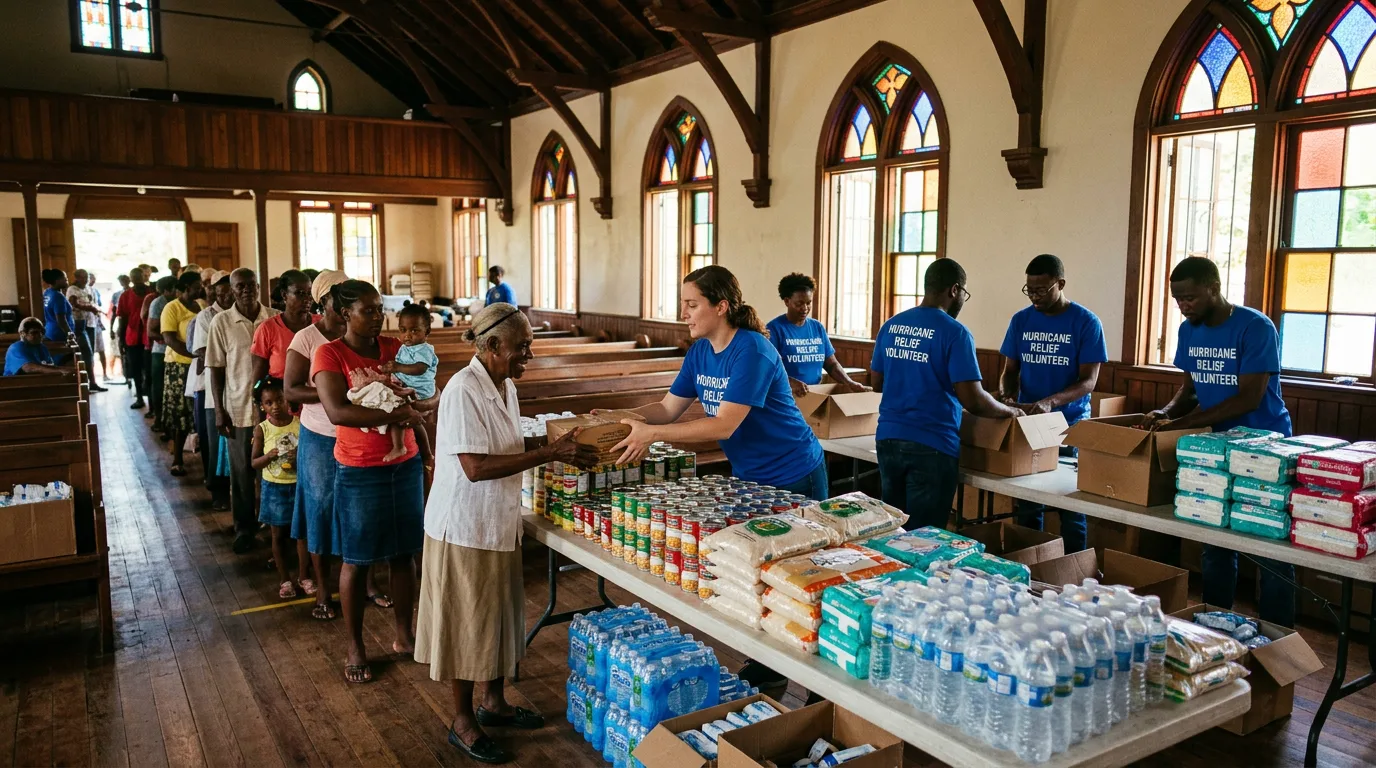 A Jamaican church serving as a hurricane relief distribution center