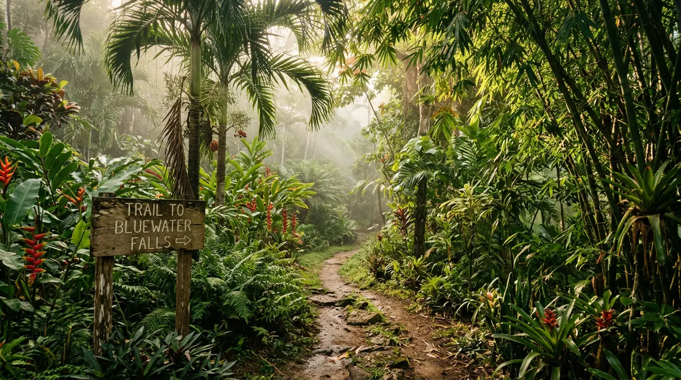 A winding nature trail through dense Jamaican tropical vegetation