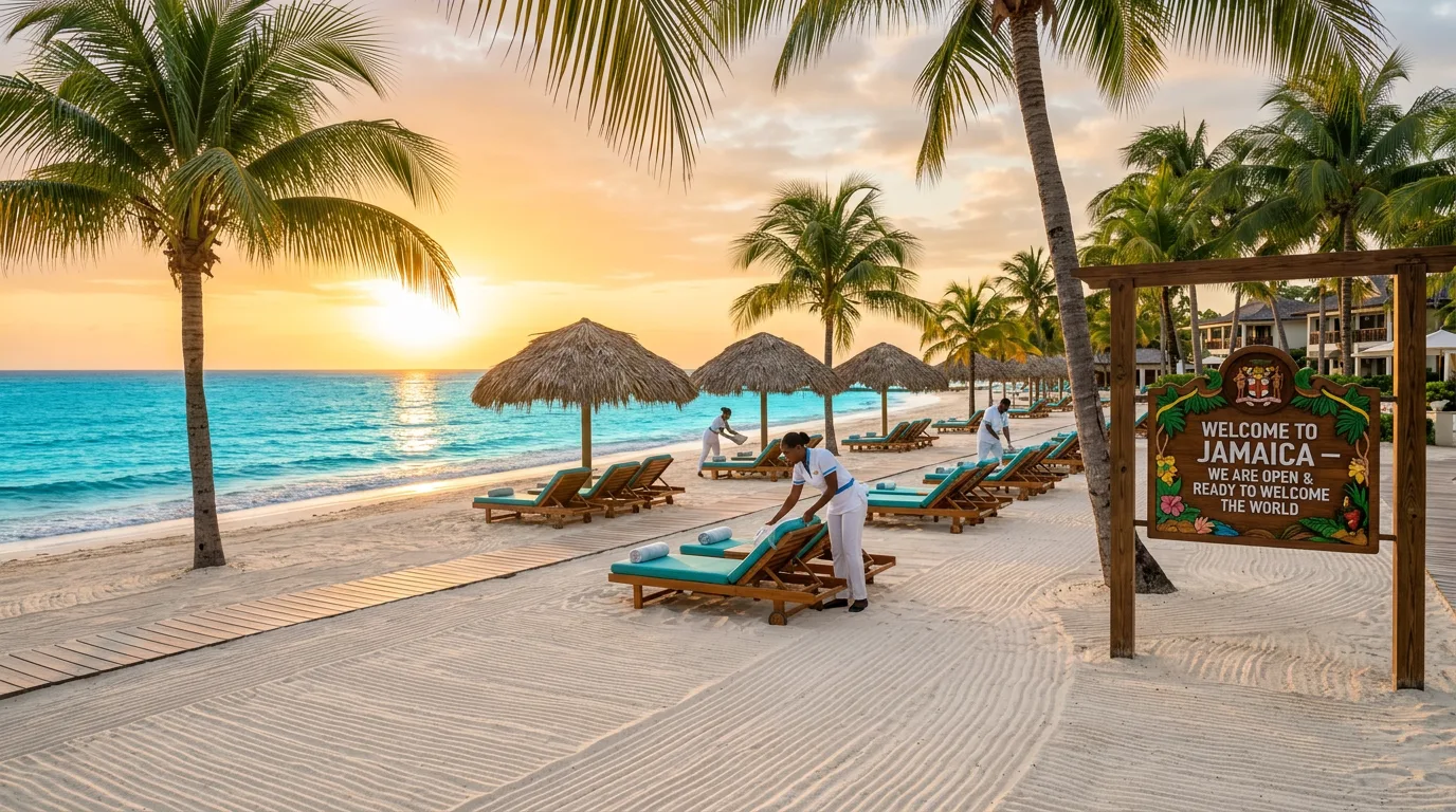 A beautiful Jamaican resort beach at sunrise, ready to welcome visitors