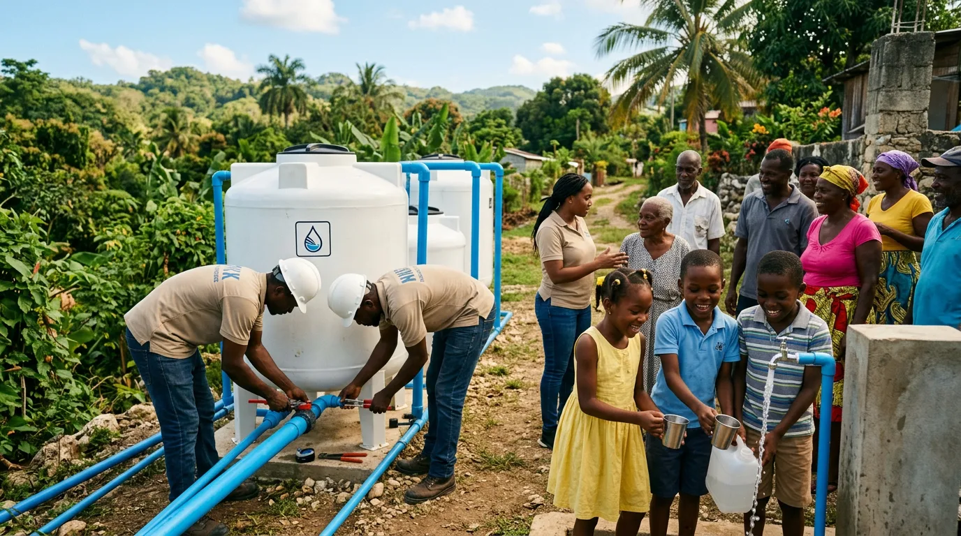 A new water filtration system being installed in a Jamaican community