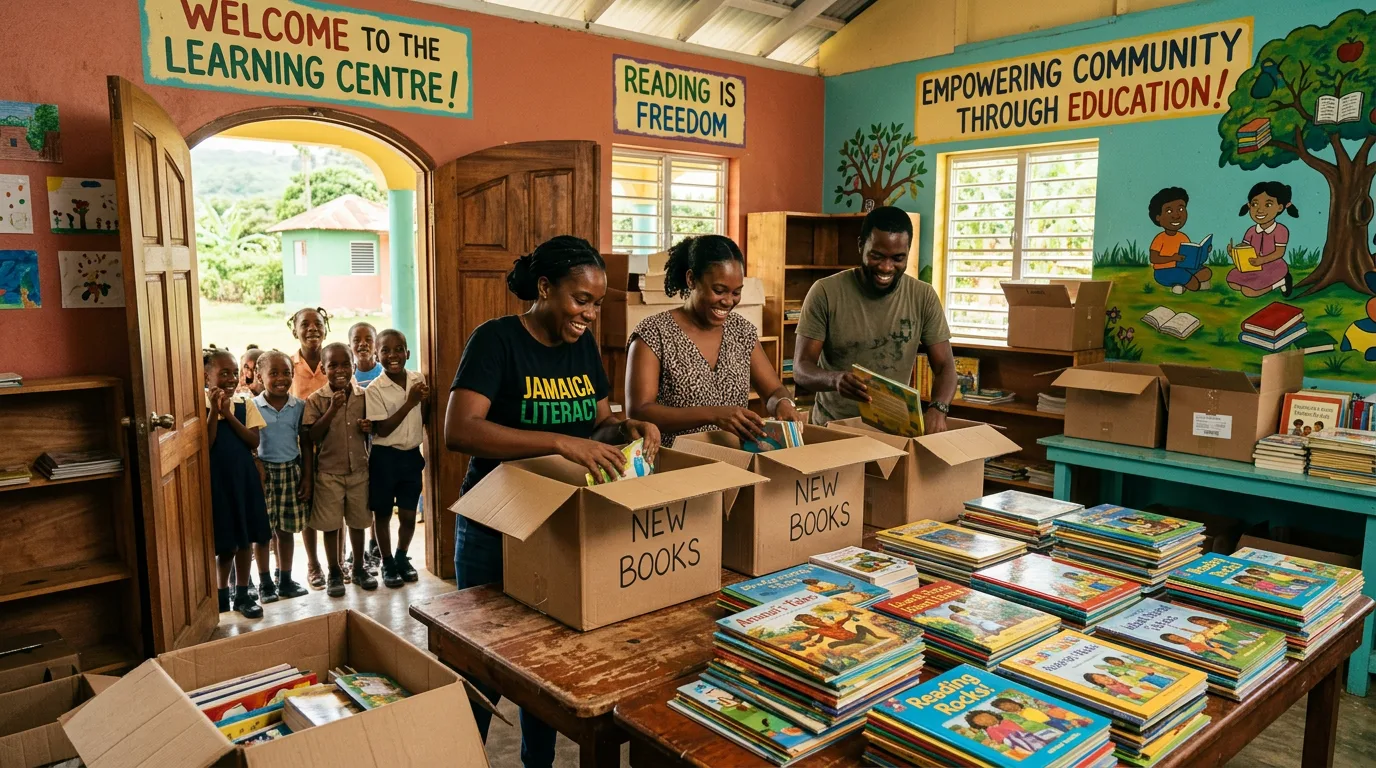 Volunteers unpacking children's books at a Jamaican community center