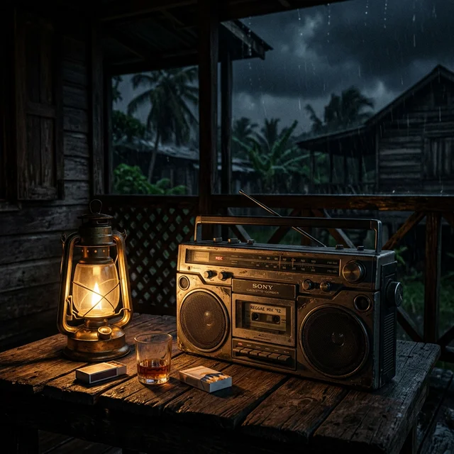 Vintage boombox sound system on a Jamaican porch