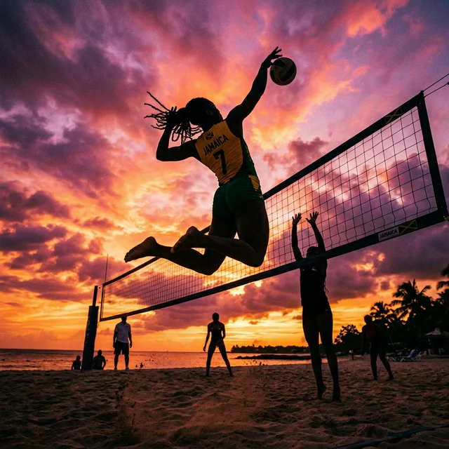 Dramatic sunset silhouette of a Jamaican volleyball player mid-jump over the net