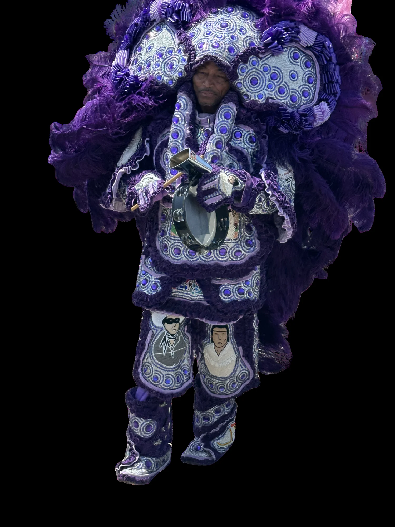 A Mardi Gras Indian in full feathered suit — the African thread linking Congo Square and Jamaica
