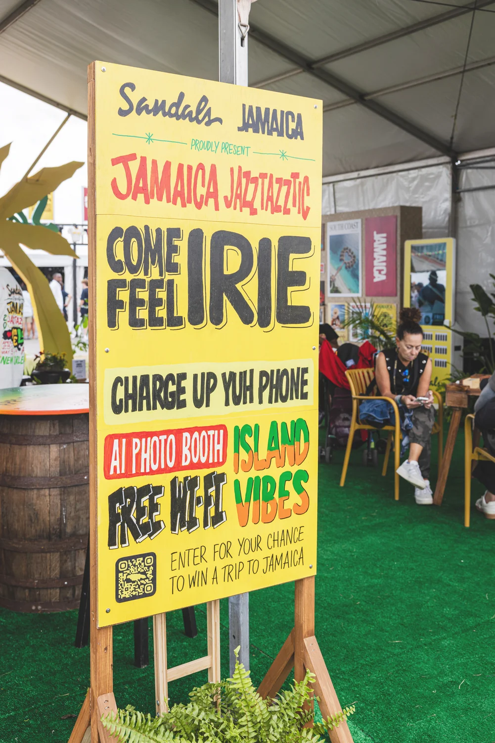 The Sandals Resorts Jamaica Hospitality Pavilion sign at the 2026 New Orleans Jazz Festival
