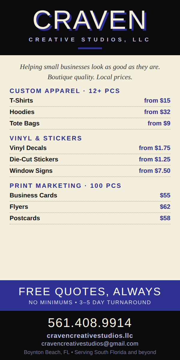 Craven Creative Studios, LLC — custom apparel, vinyl, stickers and print marketing. Free quotes, always.